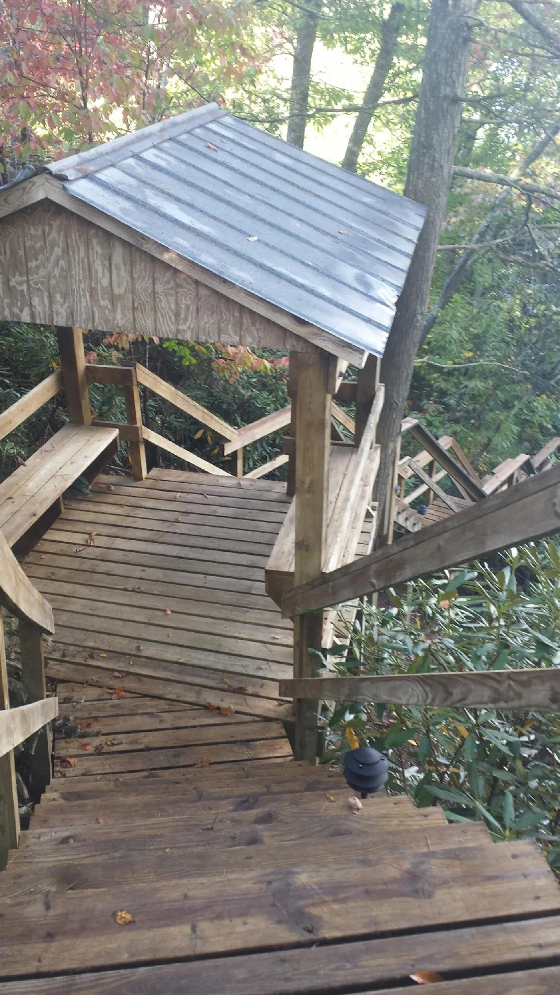Metal roofed shelter over wooden steps on a wooded walkway — Skylight Repair & Installation work by our crew in Allegan